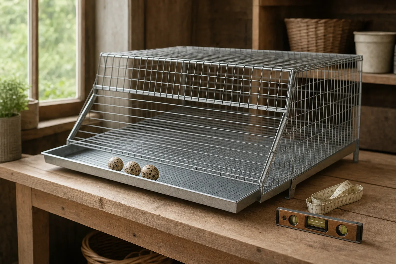 A plain galvanised wire quail cage on a wooden bench in a tidy shed, with speckled quail eggs resting in the front roll-out collection tray and a measuring tape nearby.