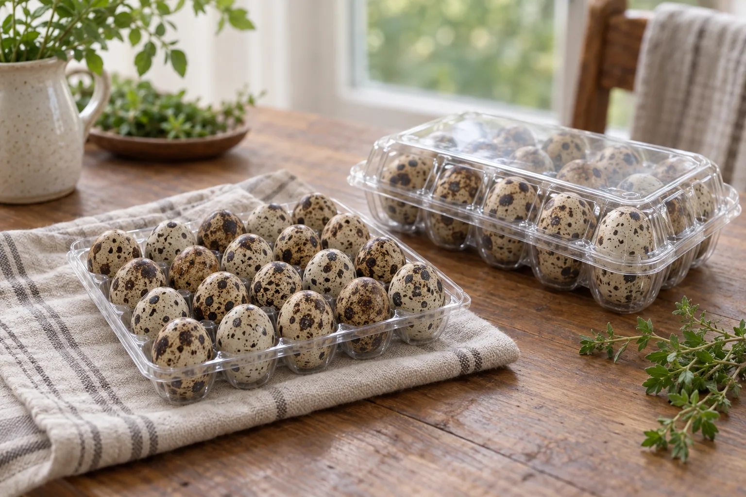 A plain open tray and a clear lidded carton holding speckled quail eggs on a kitchen table in soft morning light.