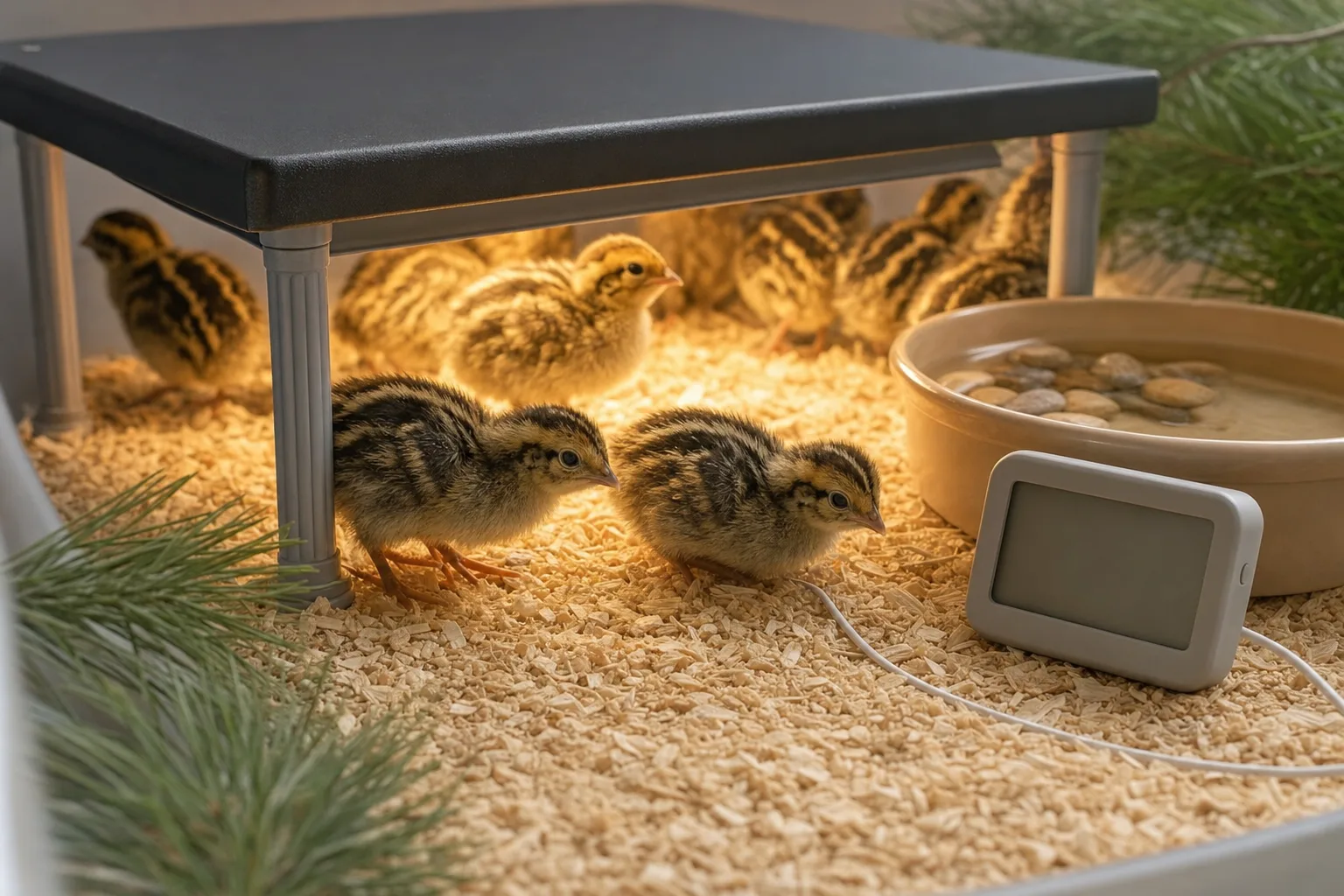 Striped quail chicks resting on pine shavings under a heat plate in a brooder, with a small unmarked thermometer placed at chick level beside them.