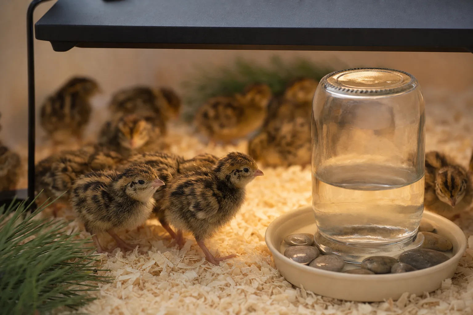 Baby Coturnix quail gathered around a shallow waterer in a brooder