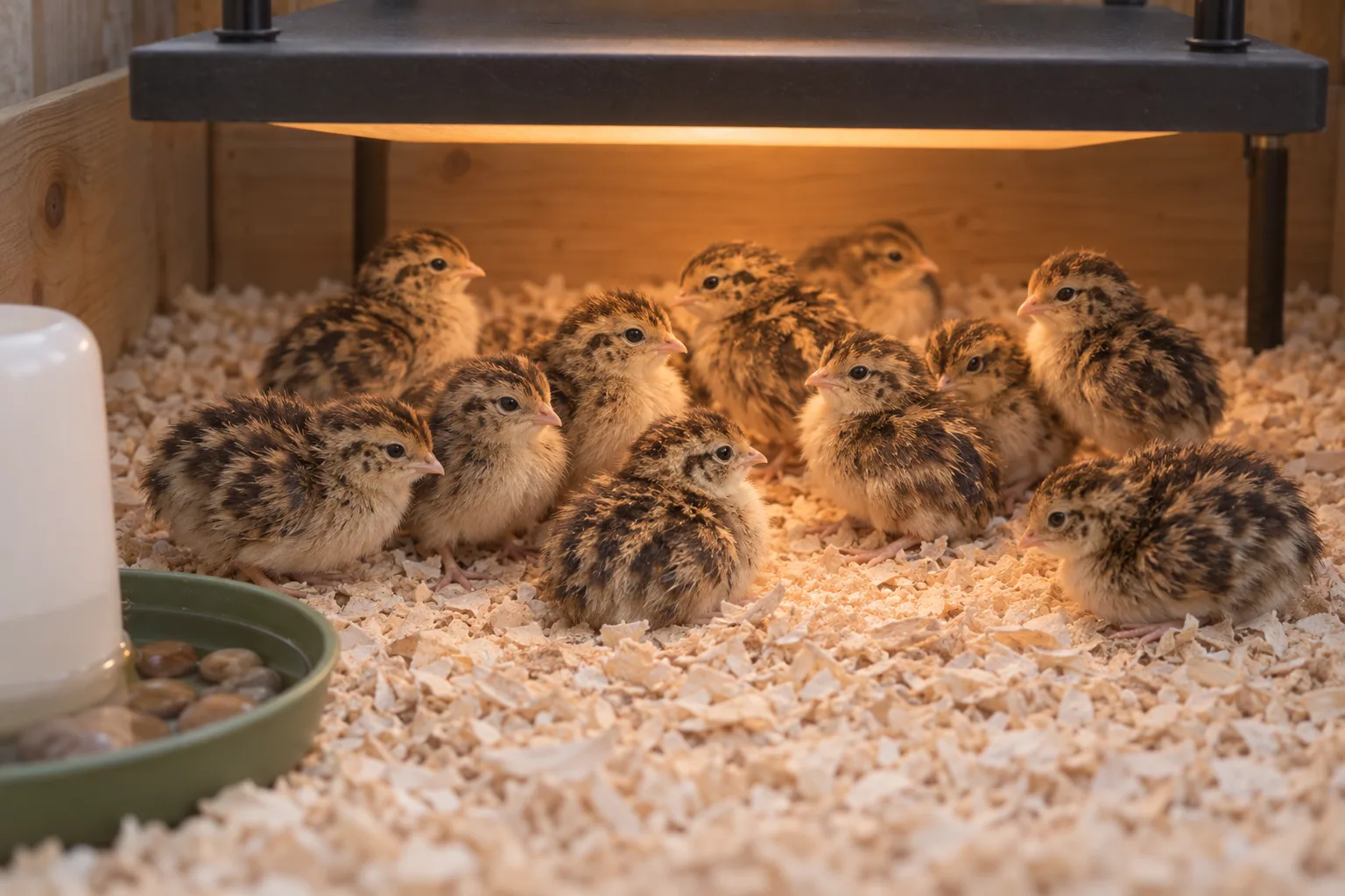 Newly hatched quail chicks resting on pine shavings under the warm glow of a plain heat plate in a simple brooder, with a shallow waterer nearby.