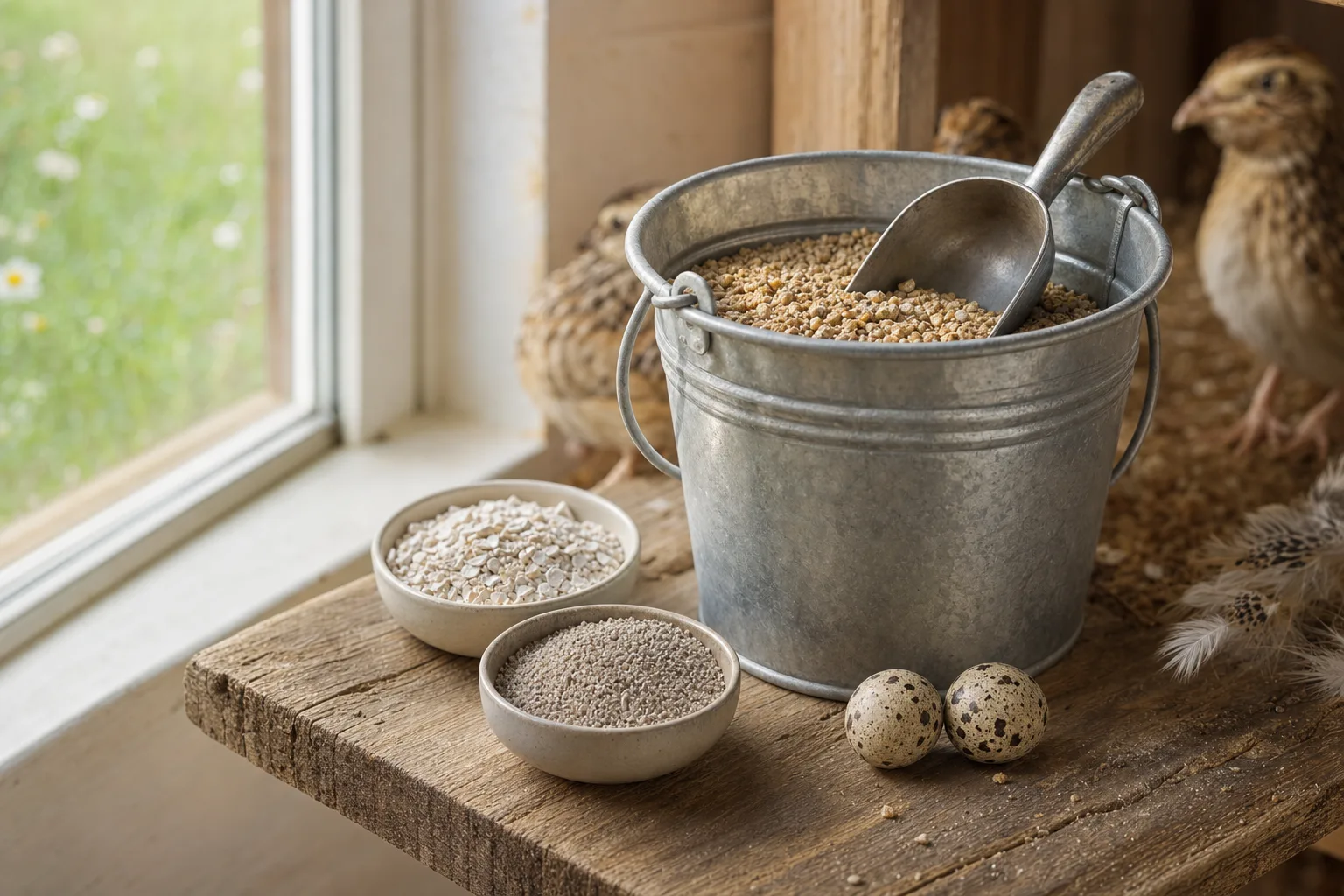 A scoop of game-bird crumble in a galvanised bucket beside dishes of oyster shell and grit and a pair of speckled quail eggs on a rustic shelf.