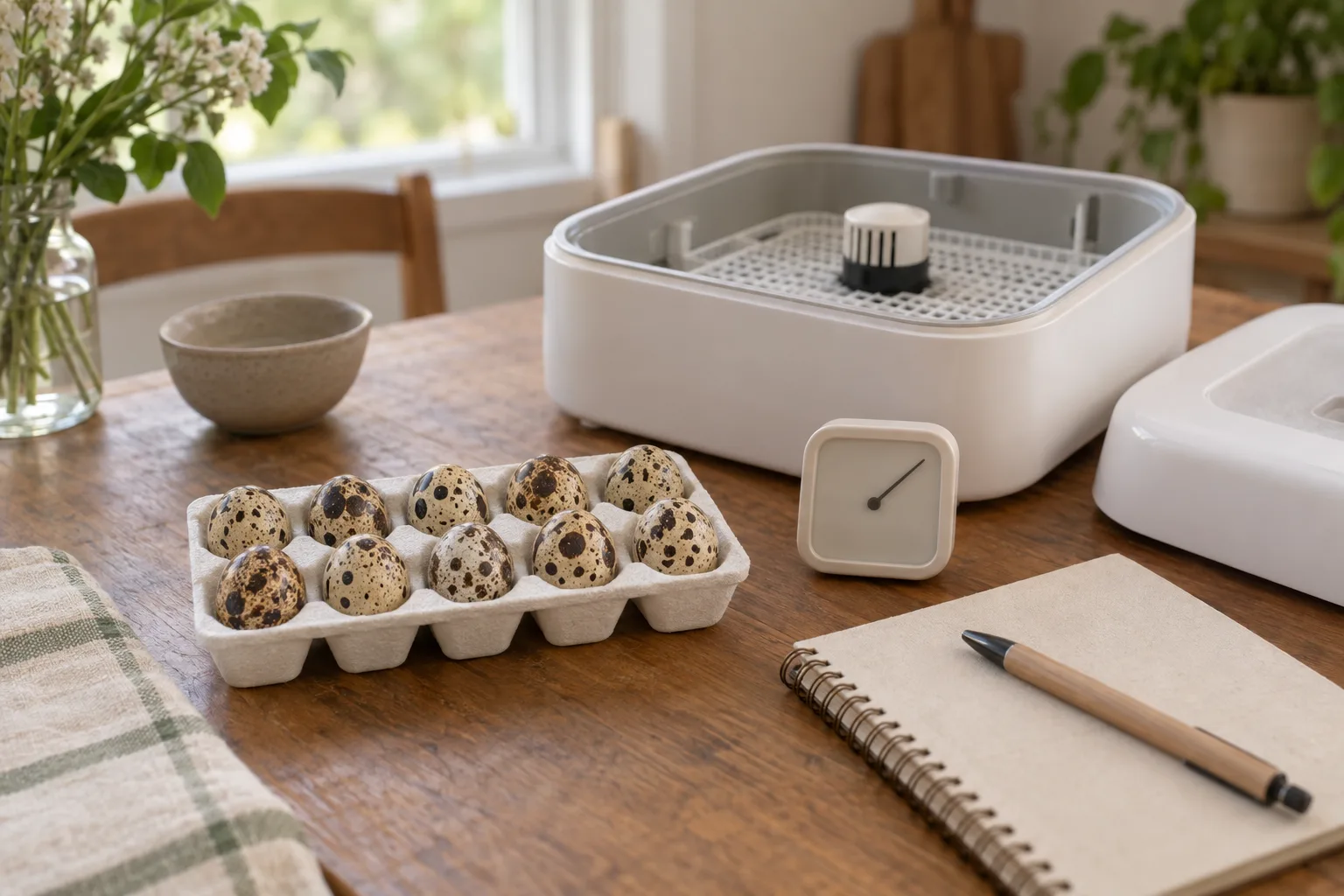 A dozen tiny speckled button quail eggs in a plain foam tray on a kitchen table beside a white countertop incubator with its lid off and a small hygrometer and notebook nearby.