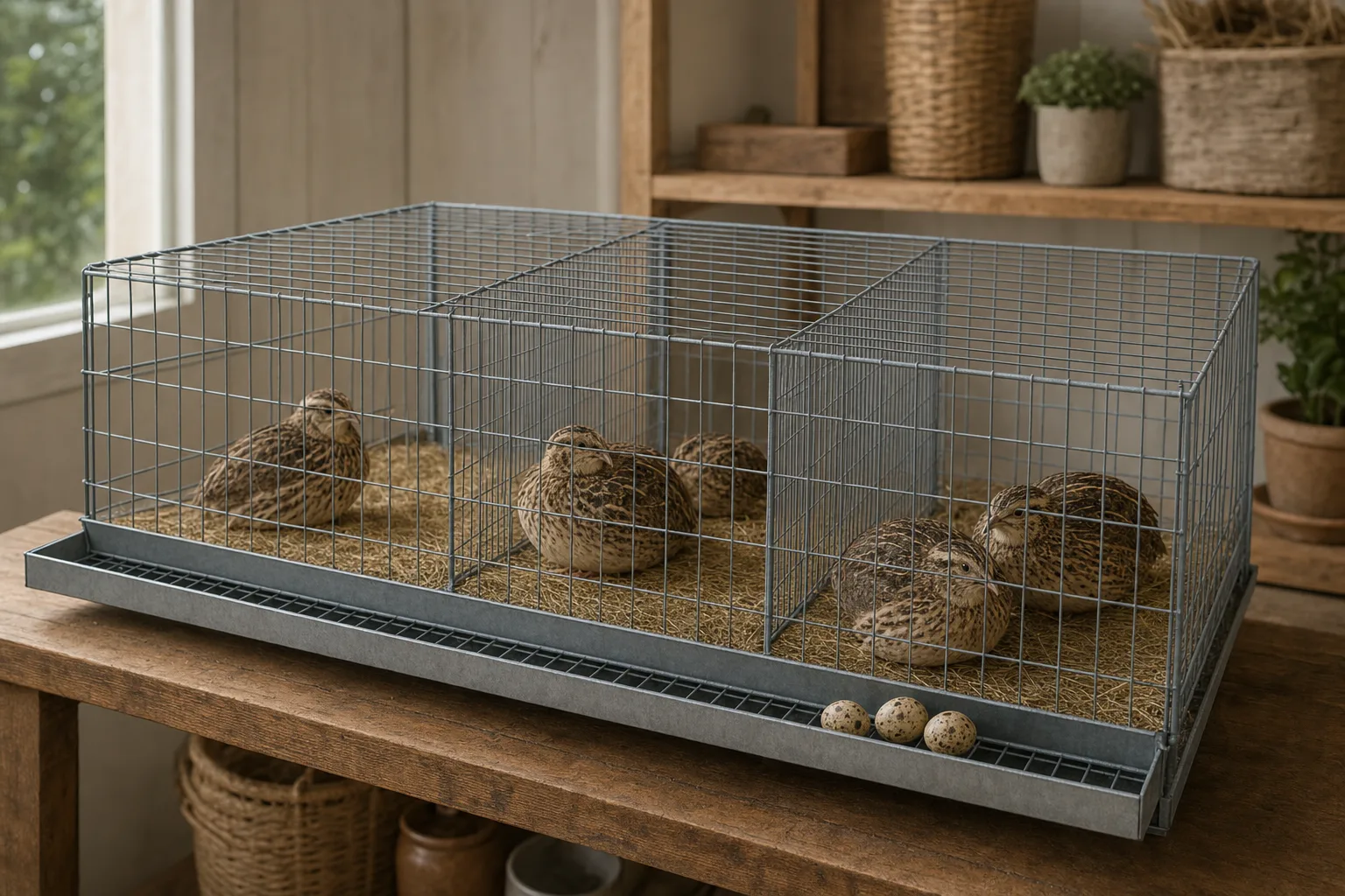 A plain galvanised multi-section wire quail cage with an internal divider on a wooden bench in a shed, brown-speckled coturnix quail resting calmly in separate sections, and quail eggs in a front collection tray.
